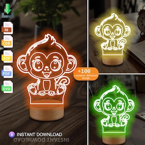 May include: A digital download of a 3D printable night light design featuring a cartoon monkey with large eyes. The design is available in multiple file formats, including AI, CDR, DXF, PDF, and SVG. The image shows the night light in orange, yellow, and green.
