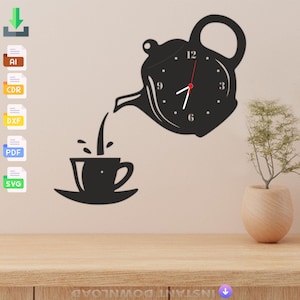 Decoración Tetera pared cocina Reloj Corte láser, Svg, Dxf, Corte CNC Glowforge, Pdf , Dxf, Svg Ai Eps Archivos vectoriales digitales Descarga instantánea