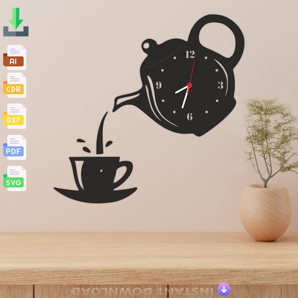 Decoration Teapot wall kitchen Clock Laser Cut, Svg, Dxf, Glowforge CNC Cutting, Pdf , Dxf, Svg Ai Eps Digital Vector Files Instant Download