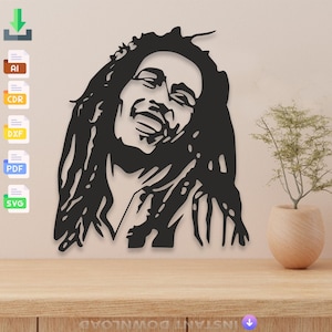 May include: Black and white silhouette of Bob Marley with his signature dreadlocks and a joyful expression. The image is suitable for use as a wall decor or a stencil.