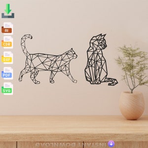 May include: Two black geometric cat silhouettes against a white background. The cat on the left is walking and the cat on the right is sitting. The cats are made up of triangles and lines.