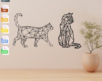 Geometrisk katt SVG-filer: Laserskuren polygonmall (digital nedladdning)