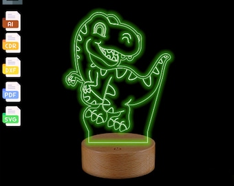 Könnte beinhalten: Eine grüne Neon-Dinosaurier-Nachtlampe mit einem Holzsockel. Der Dinosaurier ist in Weiß umrandet und hat ein lächelndes Gesicht.