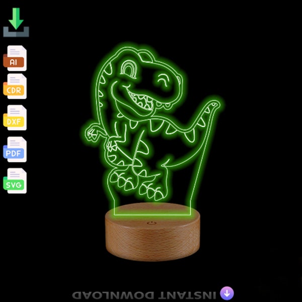 Lámpara 3D de dinosaurio Archivo Svg, Ilusión Acrílico Holograma Noche Lámpara Led Corte Láser Grabado Dxf Glowforge Archivo Svg Archivo Vector Digital Descargar