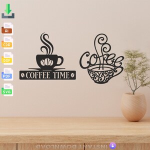 Coffee time svg files, laser cut svg dxf files wall sticker engraving decal silhouette cnc cutting laser digital vector instant download