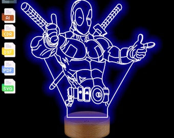 Archivo SVG de lámpara LED de ilusión 3D de Deadpool: Glowforge cortado con láser (descarga digital)