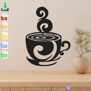 Wall Decoration Coffee Cup silhouette Laser Cut, Svg, Dxf, Glowforge CNC Cutting, Pdf, Dxf, Svg Ai Eps Digital Vector Files Instant Download
