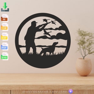 Wall Decoration hunter and her dog Laser Cut, Svg, Dxf, Glowforge CNC Cutting, Pdf , Dxf, Svg Ai Eps Digital Vector Files Instant Download