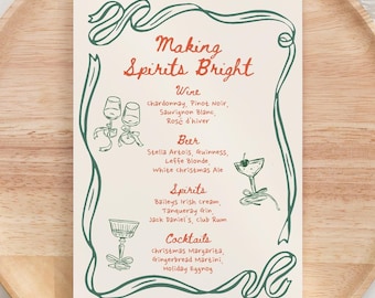 Hand Drawn Whimsical Christmas Bar Menu Template, Holiday Menu, Doodle, Cocktail Bar, Editable Festive Dinner 2025, Instant Download C13