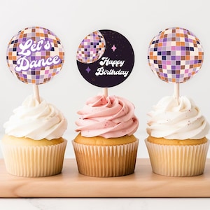 Disco Ball Cupcake Toppers Editable, Retro Birthday Decorations, Groovy Funky Birthday Party Cupcake Toppers, 70s Party, Instant Download