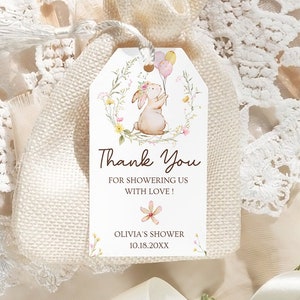 Étiquette de cadeau de naissance lapin Boho, étiquette de remerciement de shower de bébé printemps lapin, téléchargement immédiat, petite fille, étiquette cadeau lapin Boho BB3