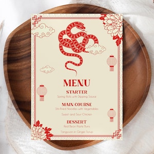 Modelo de menu chinês, Ano Novo da Serpente 2025, Ano Novo Lunar 2025, Celebração chinesa, Download eletrônico para impressão, LN3