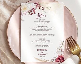 Modèle de menu de mariage, floral magenta rose bordeaux, carte de menu de table de mariage, imprimable, téléchargement immédiat, menu du dîner de réception, harmonie