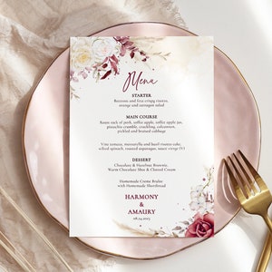 Plantilla de menú de boda, diseño floral rosa, burdeos y magenta, tarjeta de menú de mesa de boda, imprimible, descarga instantánea, menú de cena de recepción, Harmony