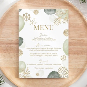 Menu Bożonarodzeniowe i Noworoczne, Edytowalny Szablon Świąteczny, Świąteczne Menu Kolacyjne, Zielony i Złoty Design, Elegancki, Natychmiastowe Pobieranie, Menu Do Wydrukowania, C12