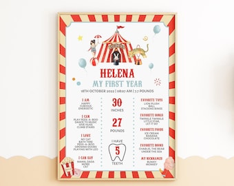 Verjaardagsmijlpaalbord met carnavalsthema, Circus Mijn Eerste Jaar, Printbaar, Verjaardagsmijlpaalbord, 1e Verjaardag, Mijlpaalbord, Printbaar