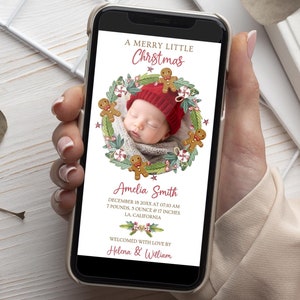 Faire-part de bébé électronique de Noël, pain d'épice, faire-part de naissance numérique, SMS, faire-part de nouveau-né, SMS, modifiable, BD27