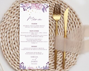 Modelo de cardápio de casamento lavanda, cardápio de jantar de casamento com flores roxas e rosas, imprimível, download instantâneo, cardápio de jantar de recepção, Amelia