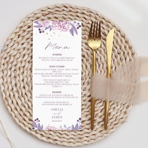 Plantilla de menú de boda en tonos lavanda, menú de cena de boda con flores de color púrpura y rosa, imprimible, descarga instantánea, menú de cena de recepción, Amelia