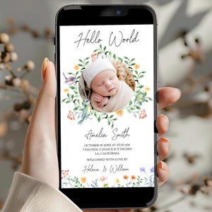 Annuncio elettronico di nascita di uccelli selvatici e fiori, annuncio di nascita digitale di primavera, annuncio di nascita di fiori tramite SMS, messaggio di testo modificabile