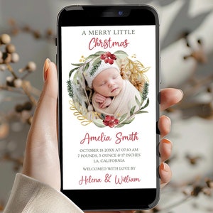 Faire-part de bébé électronique de Noël, hiver, faire-part de naissance numérique, SMS, faire-part de naissance, SMS, modifiable, BD27