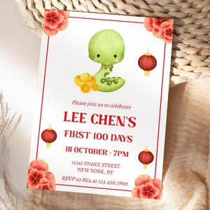 Year of Snake Invitation Template, 100 Days Snake, Chinese Baby Shower, Full Month, Chinese Celebration, Printable Download Electronic