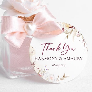 Wedding Favor Tag Template, Pink Burgundy Flowers, Printable Wedding Tag, Circular Thank You Tag, Instant Download, Sticker, Harmony