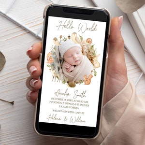 Faire-part de bébé électronique forêt, animaux, faire-part de naissance numérique, SMS, faire-part nouveau-né, message texte, modifiable, BD25