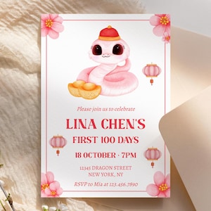Year of Snake Invitation Template, 100 Days Snake, Chinese Baby Shower, Full Month, Chinese Celebration, Printable Download Electronic, LN8