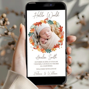 Herbst elektronische Babymitteilung, Herbstblätter, digitale Baby-Geburtsankündigung, Textnachricht, bearbeitbar, BD24