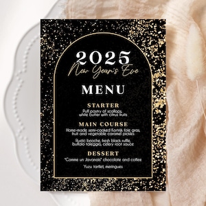 Plantilla de menú de año nuevo 2025, menú de cena de fiesta de fin de año, fiesta navideña, purpurina dorada negra, descarga electrónica instantánea imprimible, N7