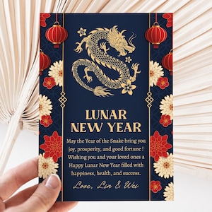 Modello di biglietto di auguri per il capodanno cinese, capodanno del drago 2025, celebrazione cinese, capodanno lunare 2025, download stampabile elettronico, blu rosso, LN7