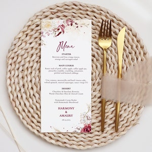 Wedding Menu Template, Dusky Pink Burgundy Floral, Wedding Table Menu Card, Printable, Instant Download, Reception Dinner Menu, Harmony