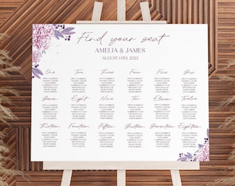 Plantilla de plano de mesas para bodas en tonos lavanda, imprimible con flores rosas y moradas, descarga instantánea, letrero imprimible para el plano de mesas, Amelia