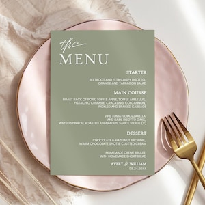 Sage Green Minimalist Wedding Menu Template, Green Minimalist Wedding Dinner Menu, Printable, Instant Download, Reception Dinner Menu, Avery