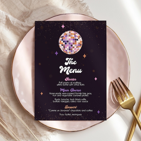 Disco Ball Menu Template, Retro Dinner Menu, New Year Party, Disco Party, Bachelorette, Groovy Funky Sparkle, Printable Instant Download N12