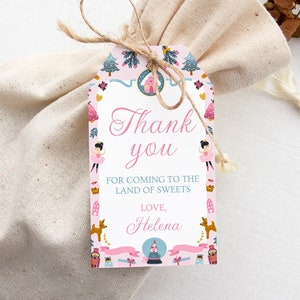 Etiqueta de presente de quebra-nozes editável, aniversário, natal, etiqueta de agradecimento da terra dos doces, fada de ameixa de açúcar, menina rosa de inverno, download instantâneo, C3