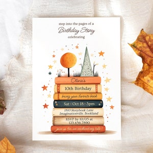 Puede incluir: Invitación de cumpleaños con una pila de libros ilustrados. El texto dice "entra en las páginas de una historia de cumpleaños celebrando el 10 cumpleaños de Olivia". Incluye detalles del evento e información de RSVP.