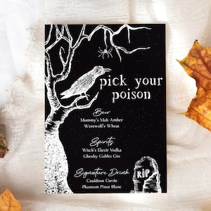 Modelo de menu de bebidas de Halloween Pick Your Poison, menu de bar de Halloween, placa de bar Raven Crow Tree, menu de coquetéis de Halloween, Halloween adulto, H2