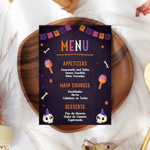 Plantilla de menú de Halloween para el Día de Muertos, Día de los Muertos, Cumpleaños de Halloween, Fiesta de cumpleaños mexicana, Decoración de mesa para fiestas, Descargar H6
