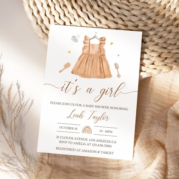 C'est une invitation de baby shower, robe de bébé, vêtements de bébé fille modifiables, téléchargement immédiat, Boho imprimable, minimal, BB4