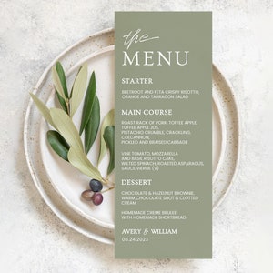 Salie groene minimalistische bruiloft menusjabloon, groene minimalistische bruiloft dinermenu, afdrukbaar, instant download, receptie dinermenu, Avery