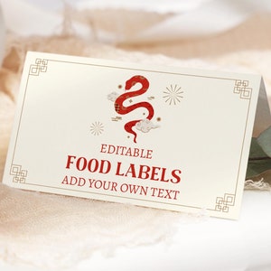 Etiqueta de comida con forma de serpiente para el Año Nuevo lunar, tarjeta de presentación para el Año Nuevo chino, tarjeta de lugar, Año Nuevo 2025, etiqueta de serpiente, etiqueta de comida china, descarga instantánea LN6