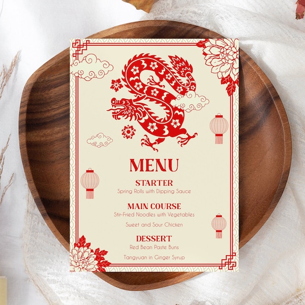 Chinese Menu Template, 2024 Dragon New Year, Lunar New Year 2024, Chinese Celebration, Printable Download Electronic, LN1