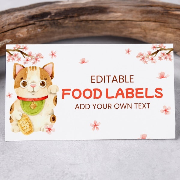 Japanese Lucky Cat Food Labels, Cherry Blossom Label Cards, Maneki-Neko Food Tent Card Boy Girl Birthday, Hibachi Dinner Cards, BD6