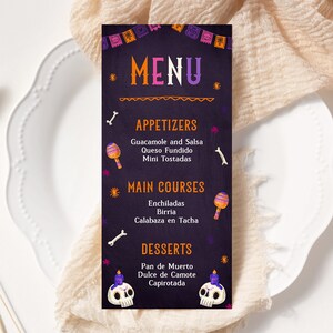 Plantilla de menú de Halloween para el Día de Muertos, Día de los Muertos, Cumpleaños de Halloween, Fiesta de cumpleaños mexicana, Decoración de mesa para fiestas, Descargar H6