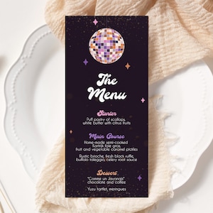 Menusjabloon discobal, retro dinermenu, nieuwjaarsfeest, discofeest, vrijgezellenfeest, groovy funky sparkle, afdrukbare Instant Download N12