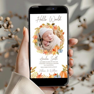 Fall Electronic Baby Announcement, Autumn Pumpkin, Digital Baby Birth Announcement, SMS Newborn Announcement, Text Message, Editable, BD24