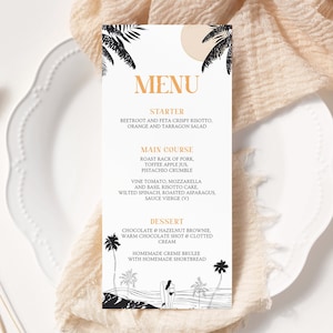 Menu de fête sur la plage modifiable, modèle de menu de fête d'été, fête de surf, menu tropical, anniversaire à la mer, téléchargement immédiat électronique, S1