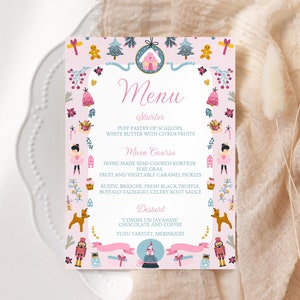 May include: A pink and blue Christmas menu card with a festive design. The menu includes a starter, main course, and dessert. The text on the card reads: "Menu, Starter, Puff Pastry of Scallops, White Butter with Citrus Fruits, Main Course, Home-Made Semi-Cooked Kortrijk Foie Gras, Fruit and Vegetable Caramel Pickles, Rustic Brioche, Fresh Black Truffle, Buffalo Taleggio, Celery Root Sauce, Dessert, 'Comme Un Javanais' Chocolate and Coffee, Yuzu Tartlet, Meringues"